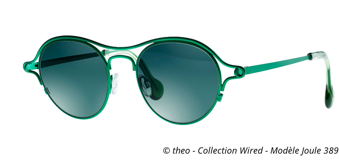 Lunettes de soleil aux contours verts tendance pour ce modèle Joule 389 de theo présenté par votre expert des lunettes créateur à Montpellier